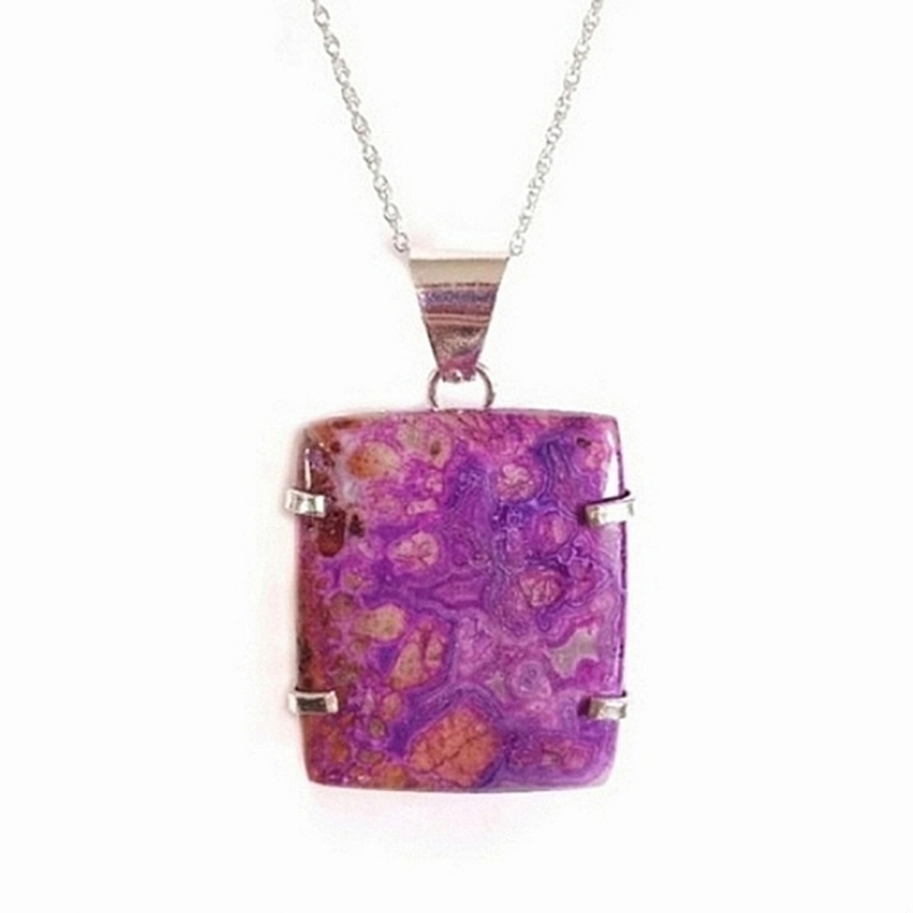 Sterling silver purple laguna lace agate square pendant 22" necklace new